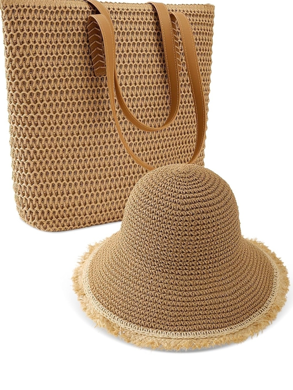Woven Straw Tote and Floppy Hat Set in Natural Tan